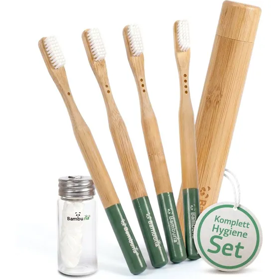 Bambus Zahnbrsten Mittel 4er Set mit Reiseetui & Zahnseide