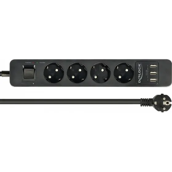 Delock 4-fach Steckdosenleiste mit USB-Ladung und berspannungsschutz schwarz