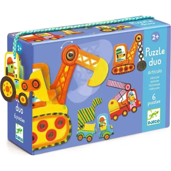 Djeco Puzzle Duo Bewegte Fahrzeuge  2-in-1 Lernspiel aus Holz ab 2 Jahren