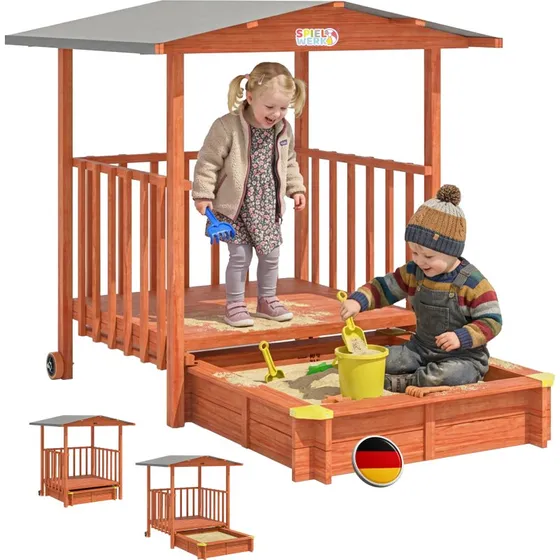 Spielwerk Sandkasten Merle mit Dach, 130 x 225 x 143 cm, braun
