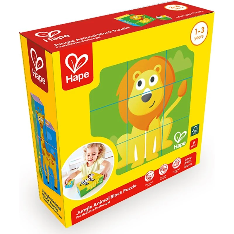 Hape Blockpuzzle Dschungel – 9-teiliges Lernpuzzle mit 6 Tierbildern