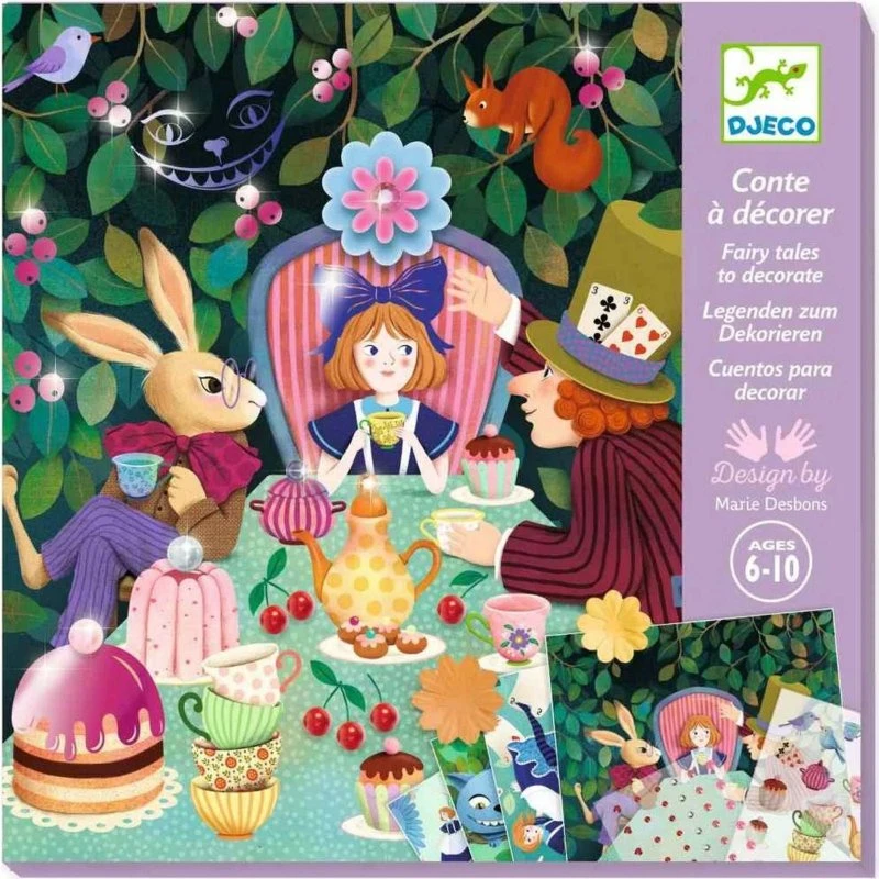 Djeco Sticker-Märchen: Im Wunderland – 4-in-1 Kreativset