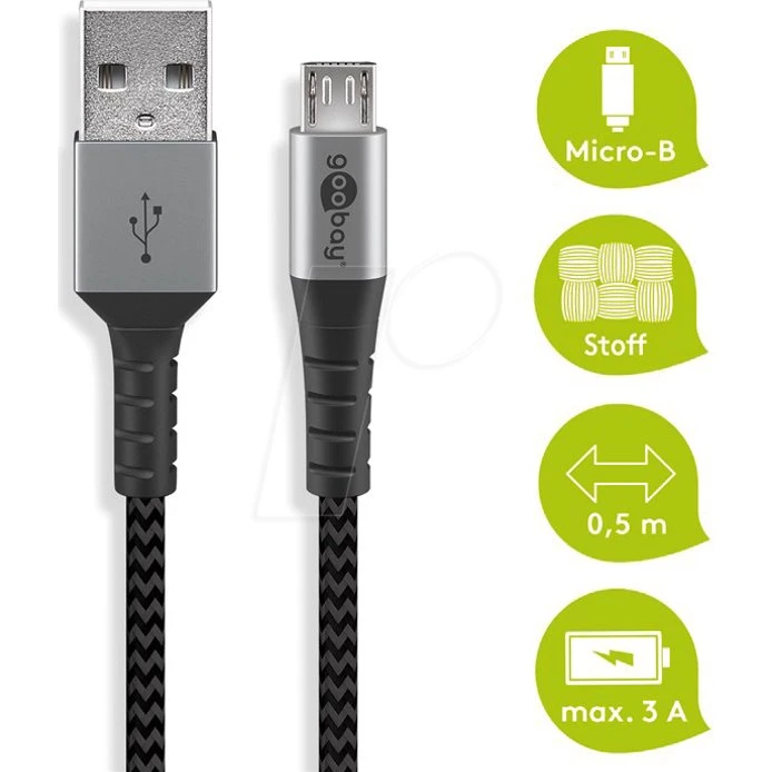 Goobay 49273 Micro-USB auf USB-A Kabel, 0,5 m, spacegrau/silber
