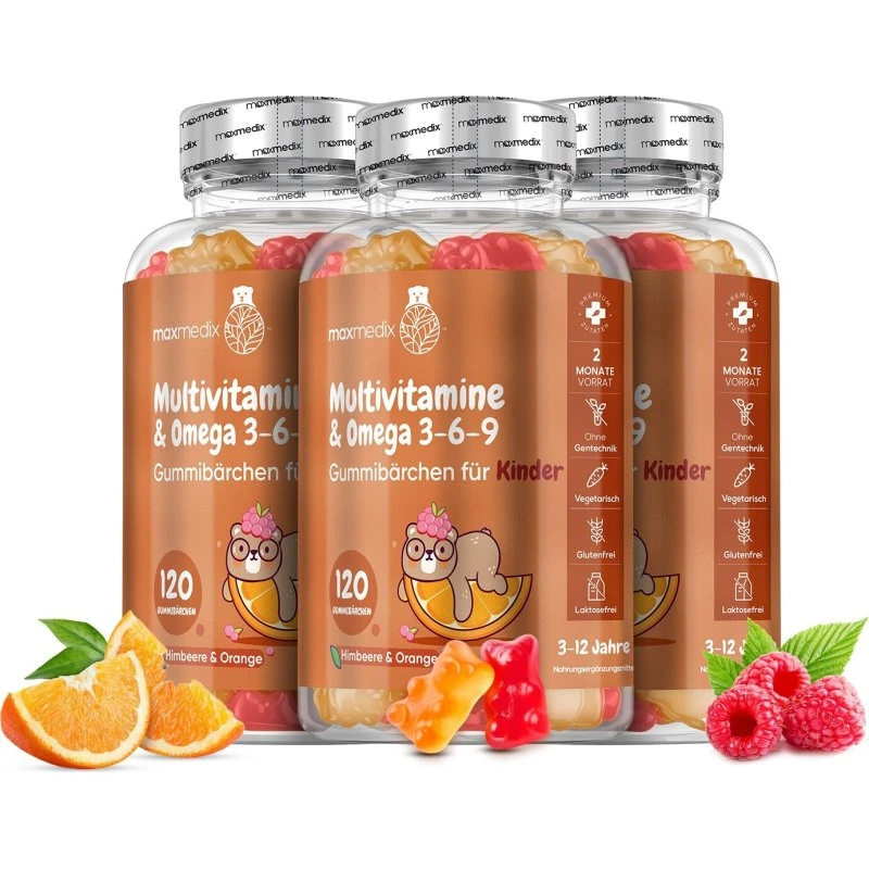 maxmedix Omega 3,6,9 + Multivitamin Gummibärchen für Kinder 120 Stück