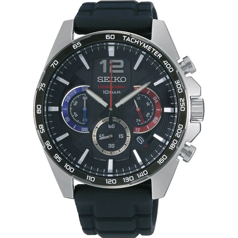 Seiko Chronograph SSB347P1 Herrenuhr, 44 mm, Schwarz/Leder