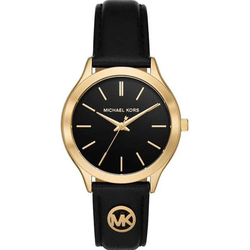 Michael Kors Slim Runway Quarz-Uhr Gold Lederband Schwarz MK7553